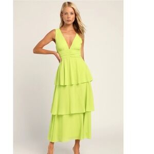 Lulu's Neon Lime Tiered V-Neck Prom Dress